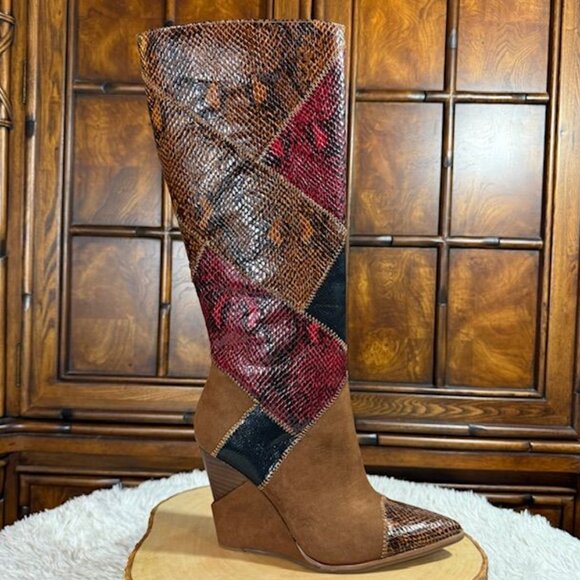 Jessica Simpson Henlee Dark Tan Glossy Desert Snake Combo Textured Wedge Boot - Picture 6 of 16